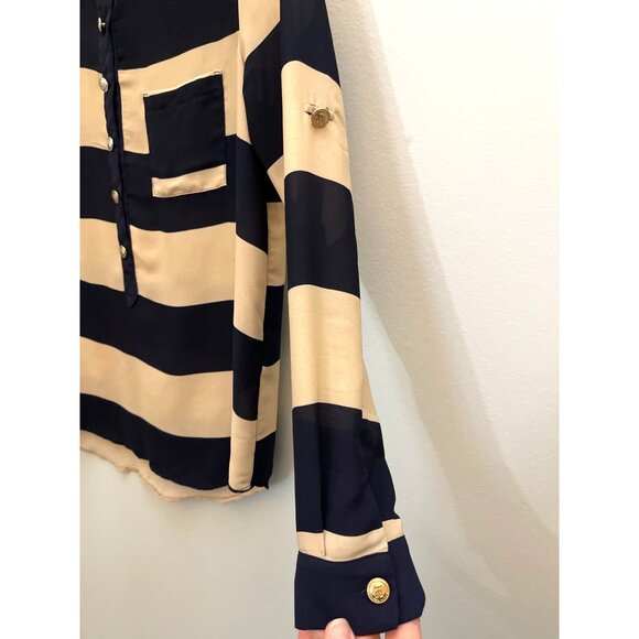 Monteau Womens Navy & Beige Striped Button-Up Blouse With Anchor Buttons Size S - Picture 4 of 8